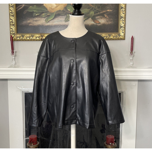Chicos Faux Leather Jacket Snap Button Up Collarless Black Womens Size 3 - Picture 1 of 9